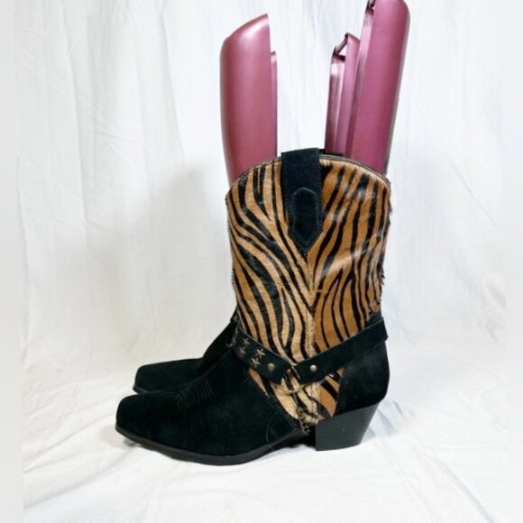 Vintage Black Suede Zebra Print Star Studded Stirrup Cowgirl Western Boots~9~ - Picture 4 of 7